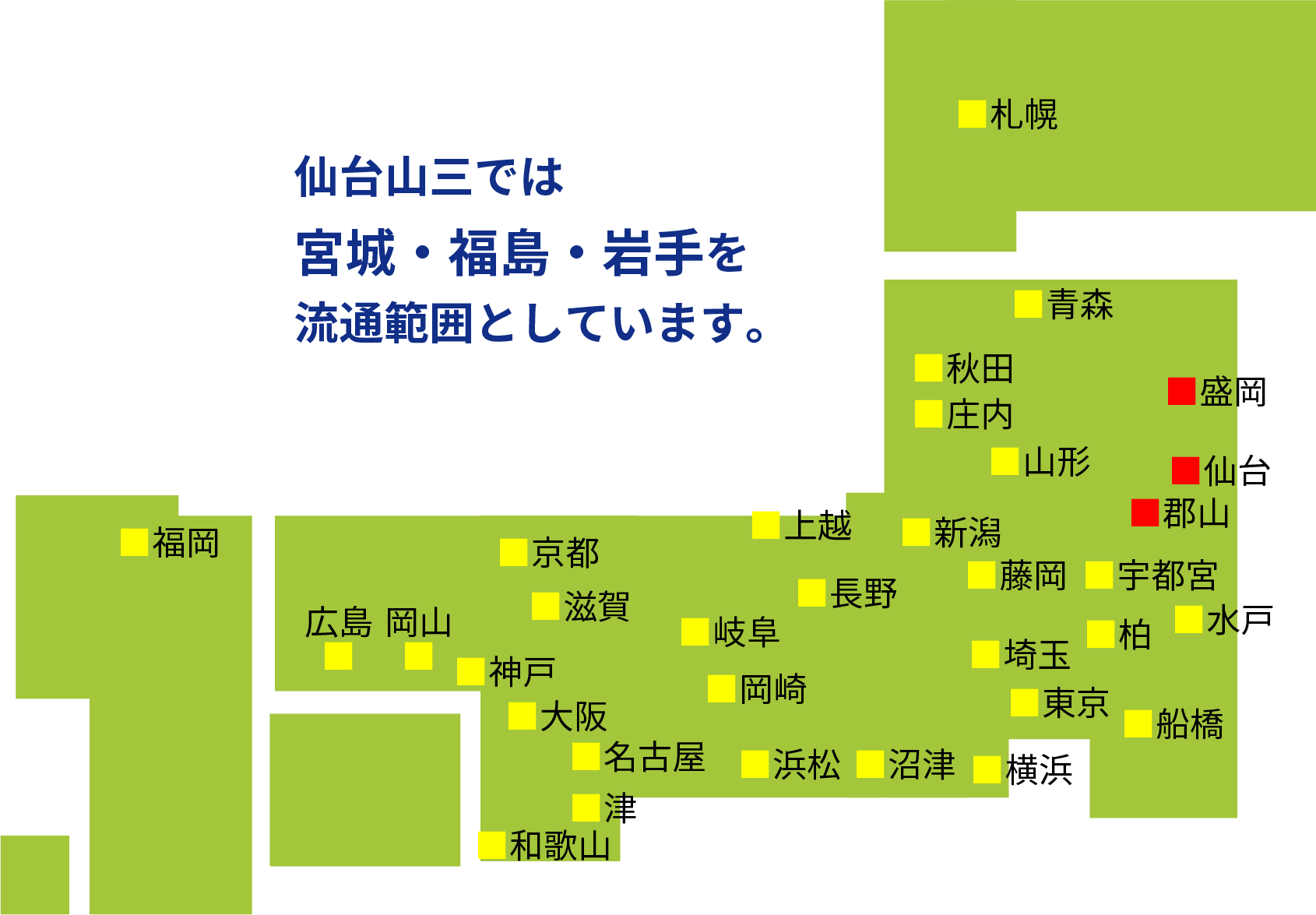 仙台山三では宮城・福島・岩手を流通範囲としています。